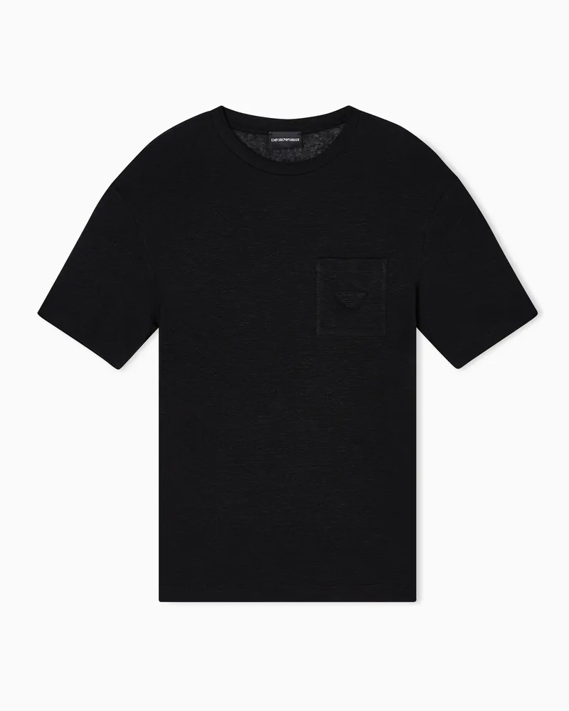 Emporio Armani Leinen-T-Shirt mit Adler-Stickerei-Aufnäher Schwarz