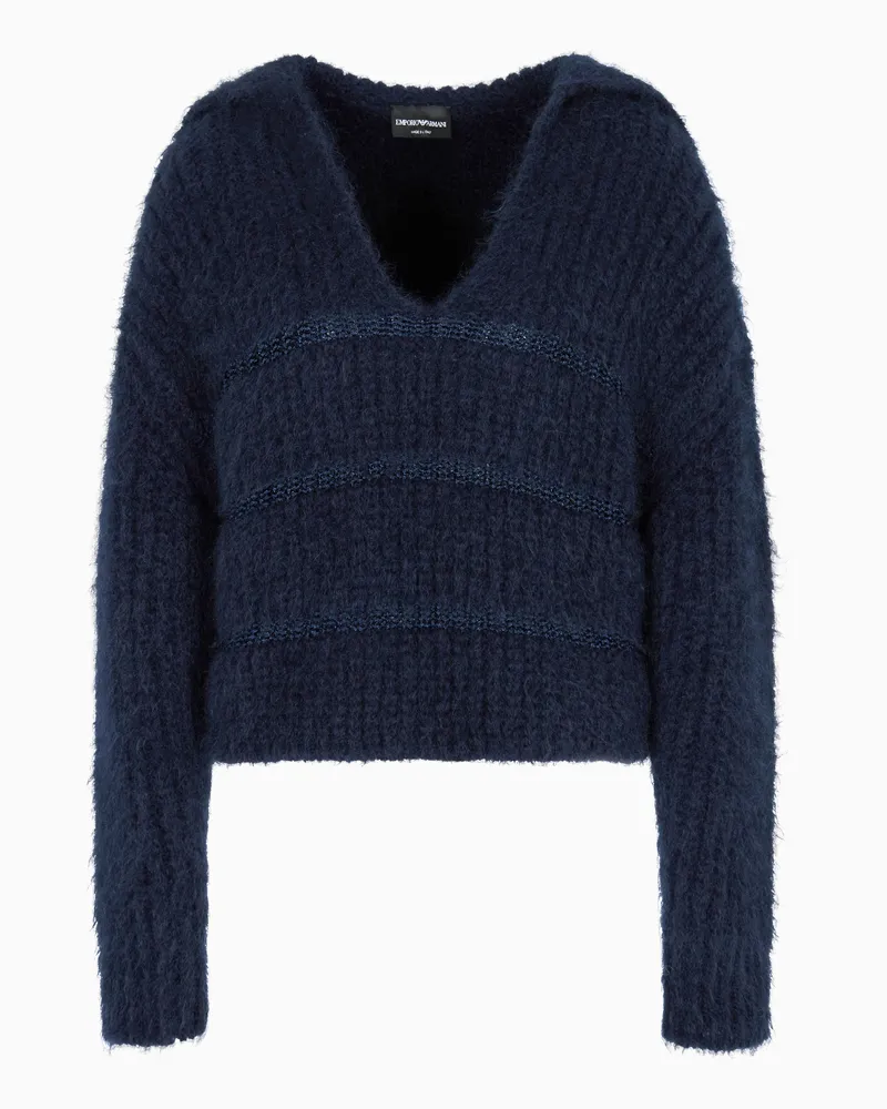 Emporio Armani Pullover aus der Winter Urbanism-Sonderkollektion, gefertigt aus einer Mohair-Woll-Mischung in Halbpatent-Verarbeitung Marineblau