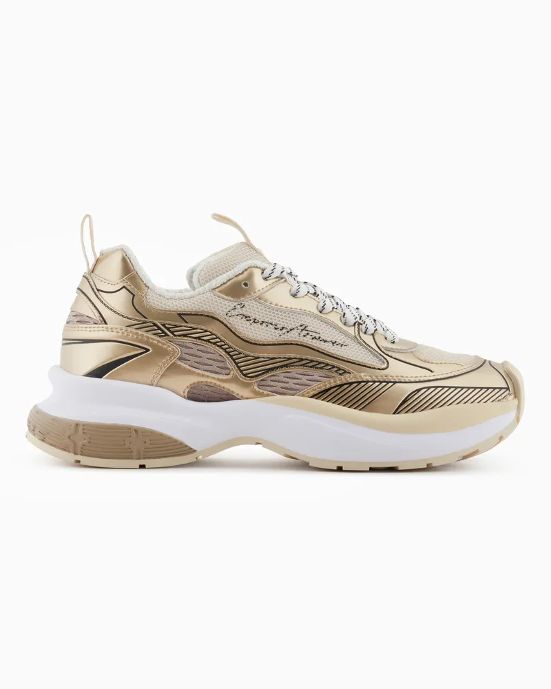 Emporio Armani Mesh-Sneaker mit laminierten Details und Logo-Schriftzug Goldfarben
