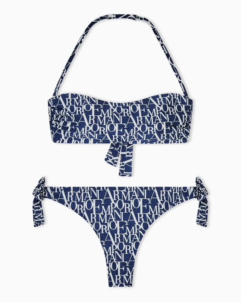 Emporio Armani Bikini mit wattiertem Bandeau mit Logomania-Print Blau