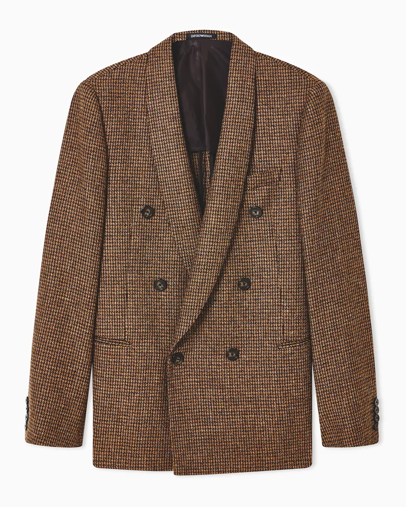 Emporio Armani Zweireihiges Sakko aus Woll-Tweed mit Hahnentrittmuster Braun