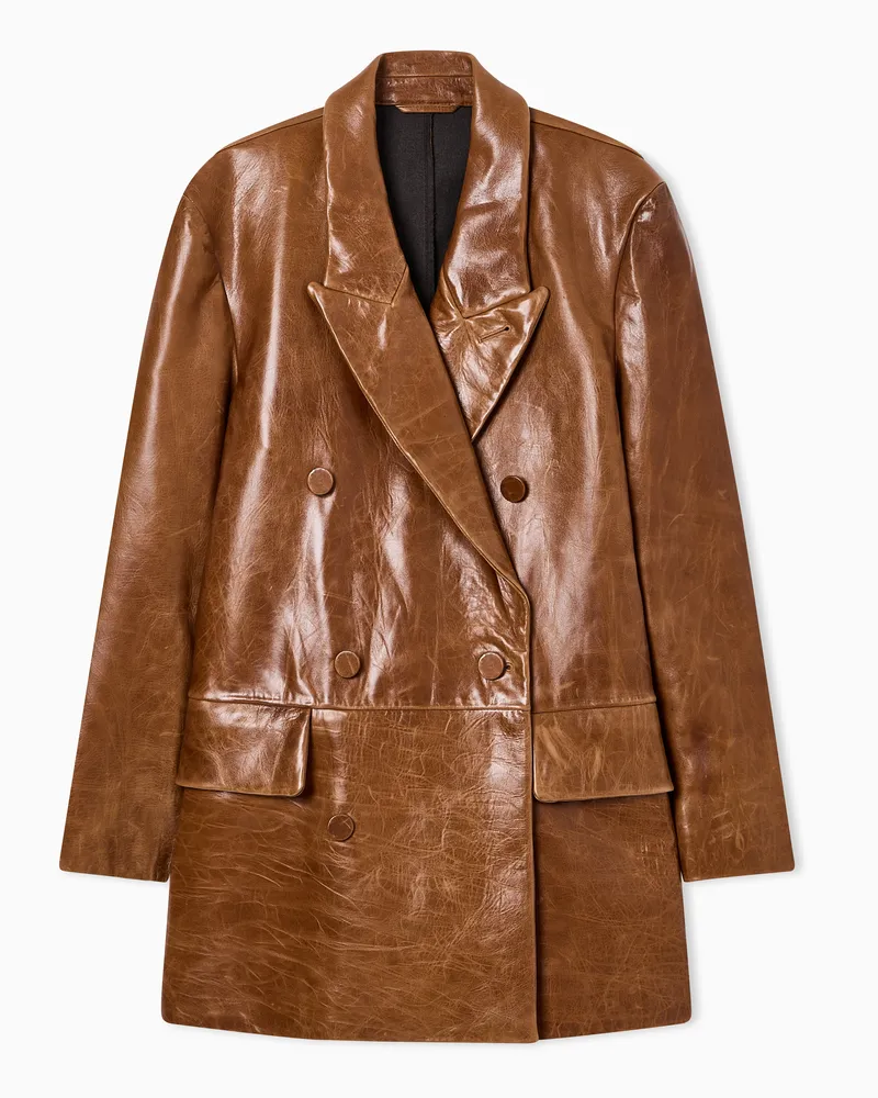 Emporio Armani Doppelreihiger Blazer aus Lammnappaleder mit gebondetem Finish Braun