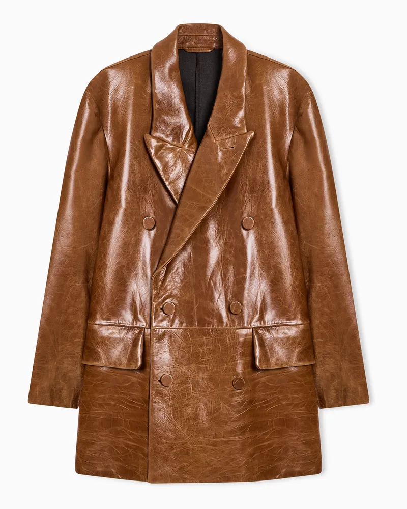 Emporio Armani Doppelreihiger Blazer aus Lammnappaleder mit gebondetem Finish Braun