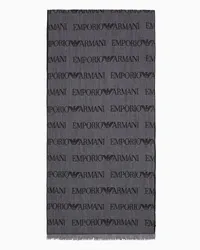 Emporio Armani Schal aus Schurwollgemisch mit Logo-lettering In Jacquard und Fransen Grau