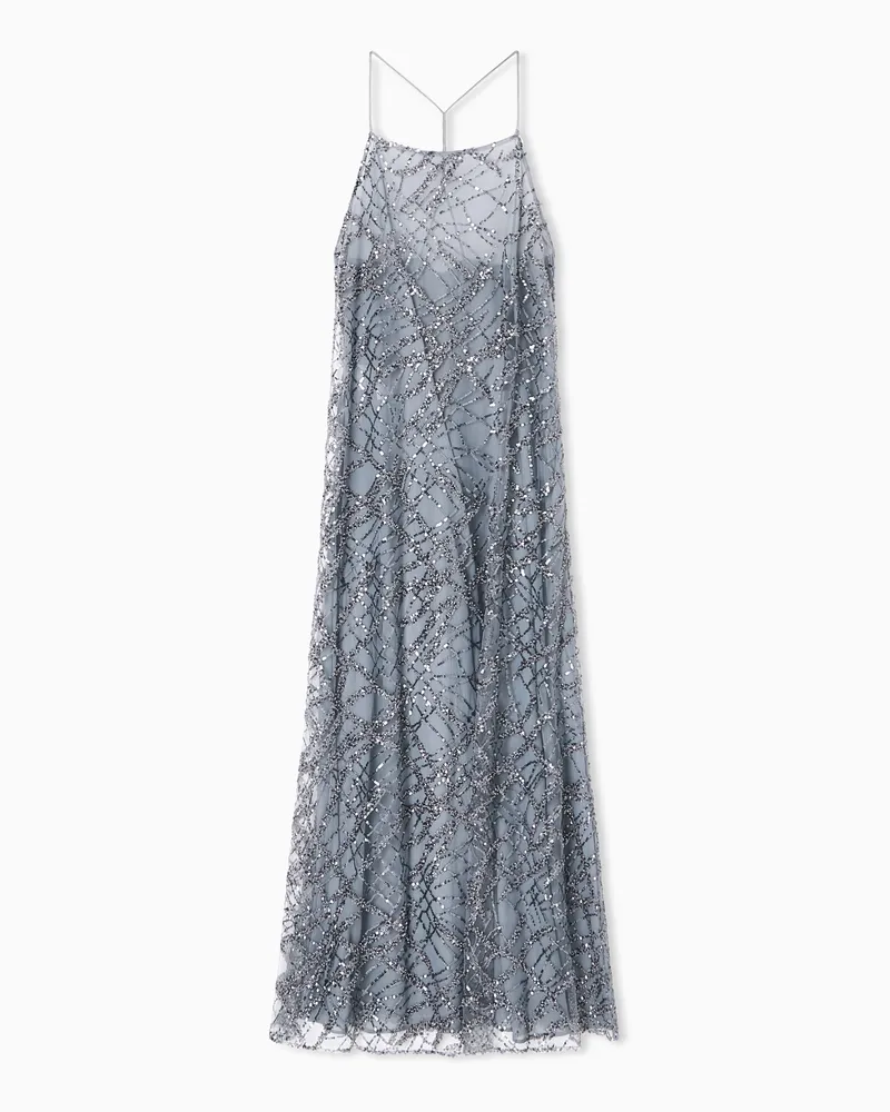 Emporio Armani Langes Kleid aus Tüll mit durchgehender Stickerei aus Mikropailletten und Schmucksteinen Grau