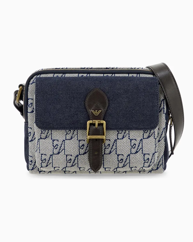 Emporio Armani Umhängetasche aus Canvas mit Monogramm und Lederriemen Blau