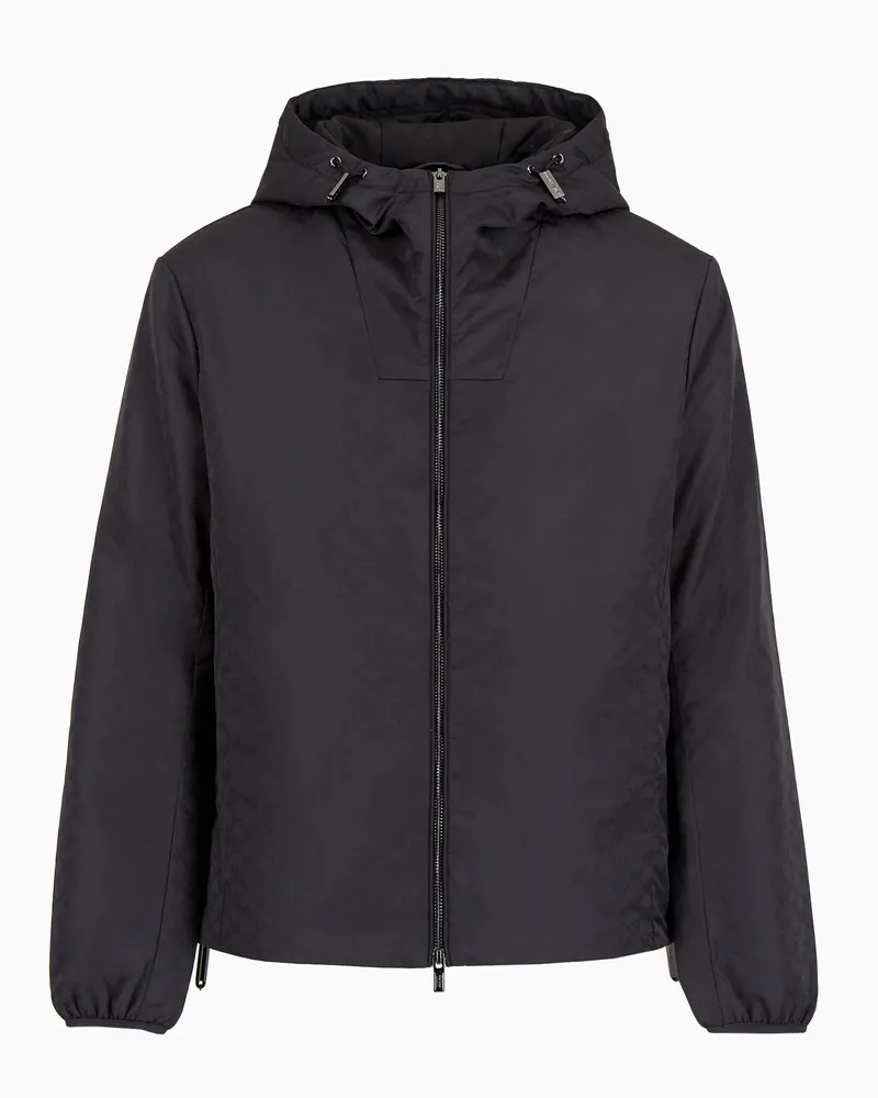 Emporio Armani Jacke aus Nylon mit Kapuze und Allover-Adler-Muster aus Jacquard Schwarz