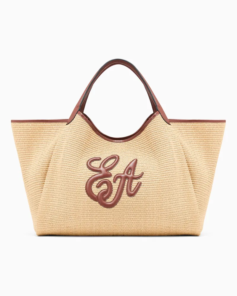 Emporio Armani Großer Shopper aus geflochtenem Stroh mit EA-Logo Beige