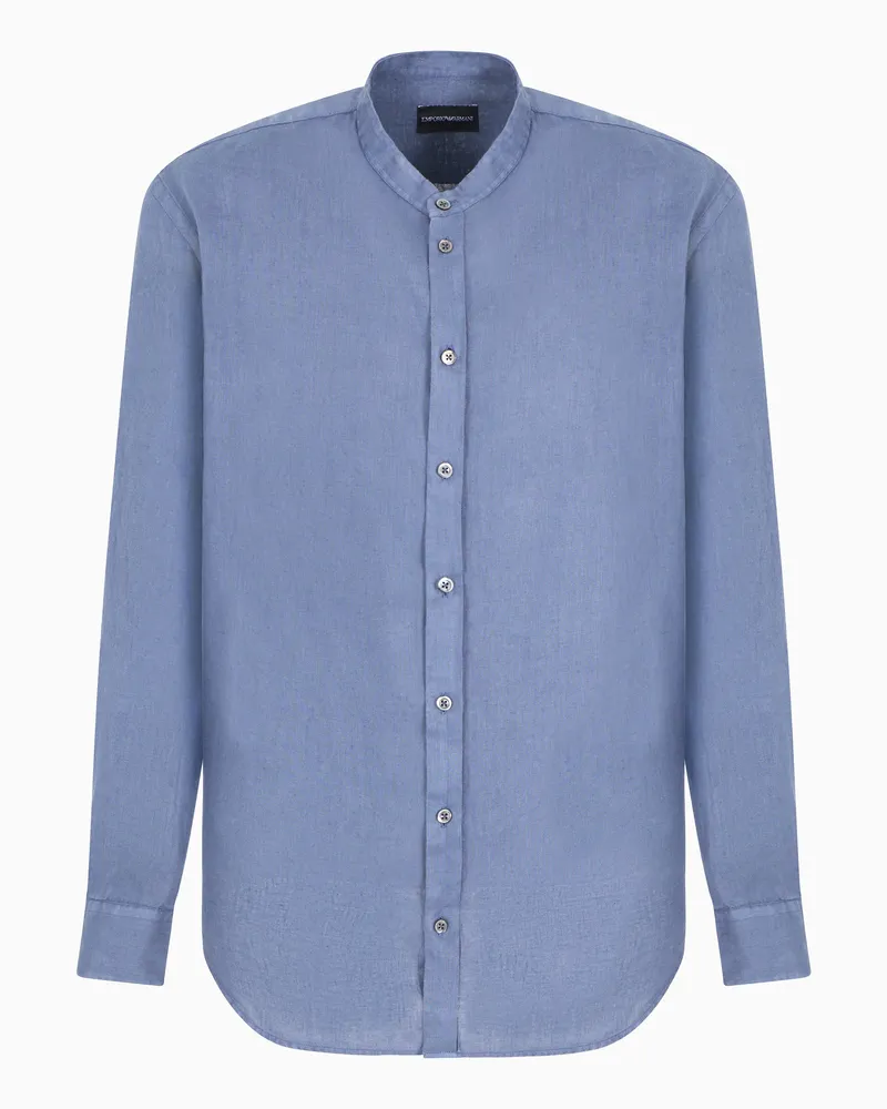 Emporio Armani Hemd mit Grandad-Kragen aus stückgefärbtem Leinen Hellblau