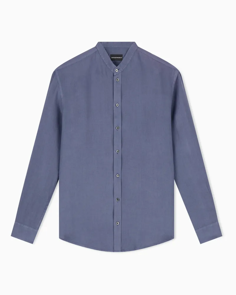 Emporio Armani Hemd mit Grandad-Kragen aus stückgefärbtem Leinen Hellblau