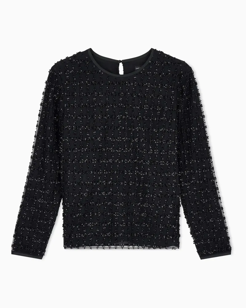 Emporio Armani Top aus Tüll mit Pailletten- und Perlenstickerei Schwarz