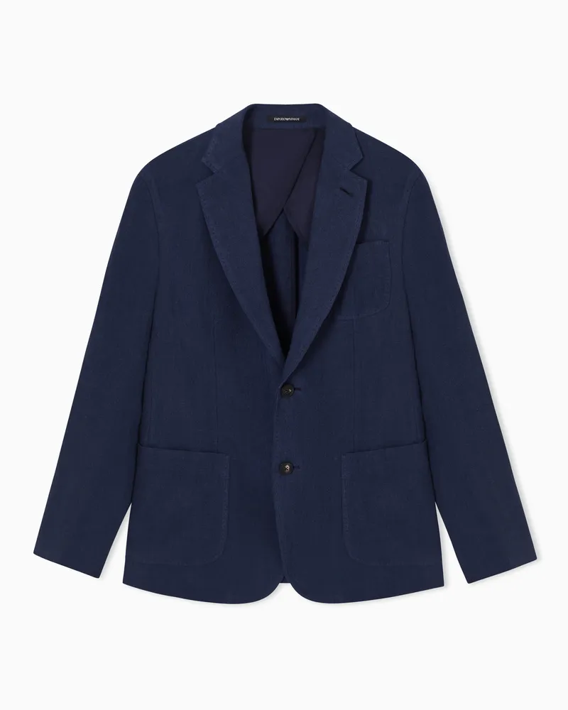 Emporio Armani Einreihiges Sakko aus Leinen in Used-Optik mit Krepp-Effekt Blau