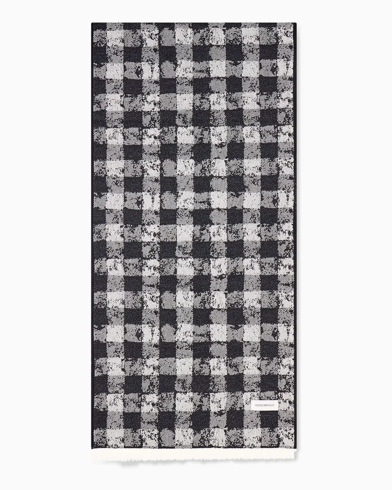 Emporio Armani Wollschal mit Vichy Jacquard und Fransen an den Kanten Schwarz