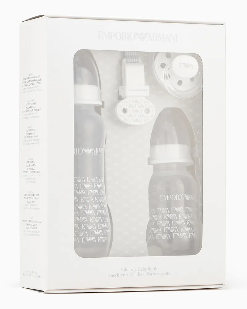 Emporio Armani Babycare-Geschenkset mit zwei Trinkflaschen, Schnuller und Kordel mit Clip Weiß