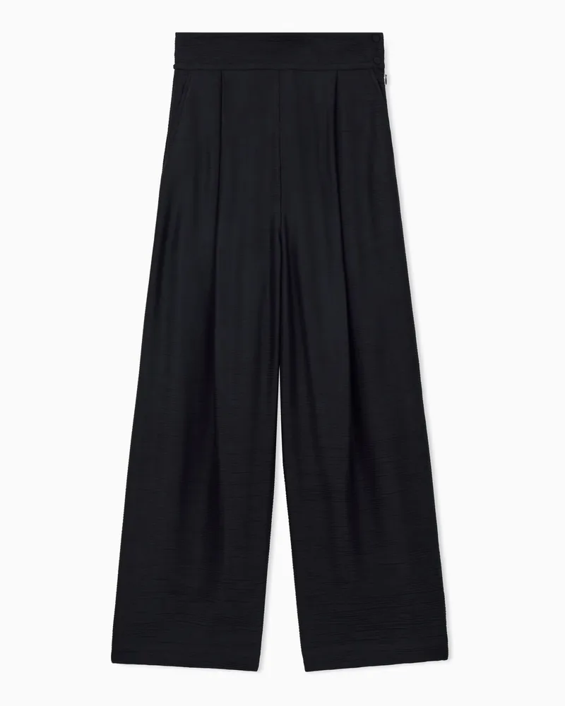 Emporio Armani Weite Bundfaltenhose aus strukturierter Viskose und Wolle Schwarz