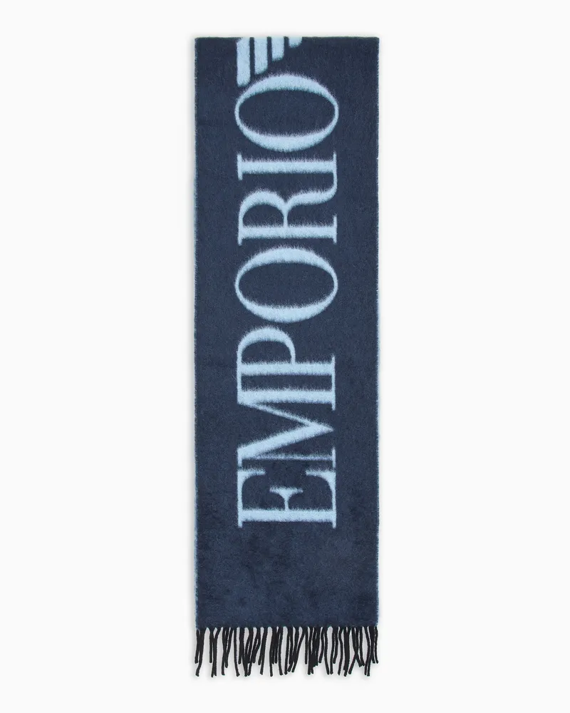 Emporio Armani Zweifarbiger Schal aus Woll-Mischung mit Maxi-Lettering Blau