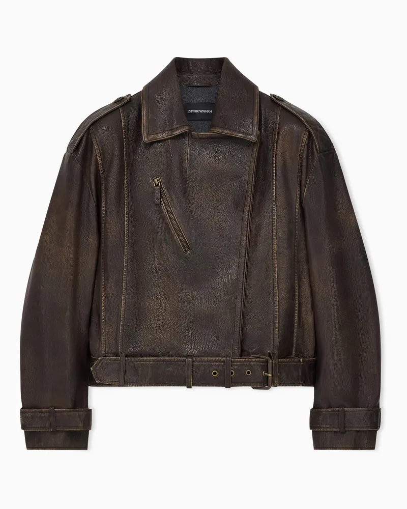 Emporio Armani Oversize-Bikerjacke aus Ziegennappa in Used-Optik Braun