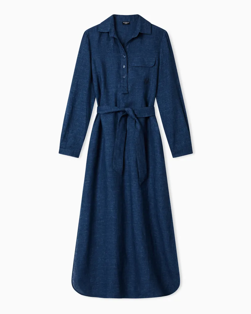 Emporio Armani Icon Kleid aus Leinenchambray mit Schärpe Blau