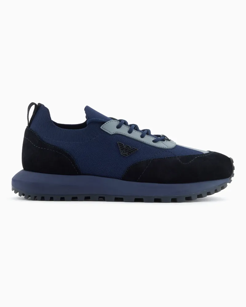 Emporio Armani Strick-Sneaker mit Details aus Velourleder Blau