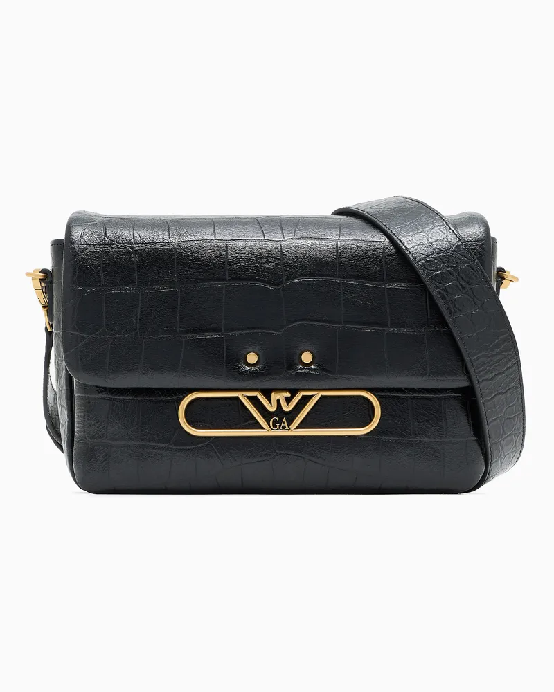Emporio Armani Umhängetasche aus Leder mit Kroko-Print und Adler-Logo Schwarz