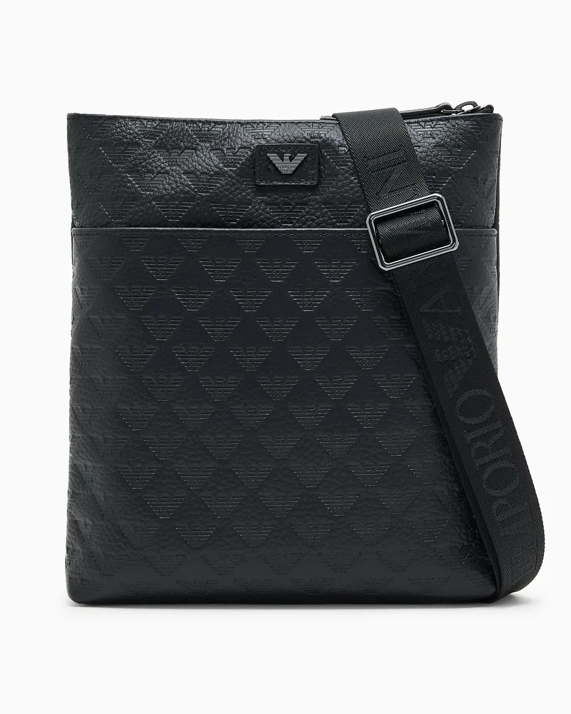 Emporio Armani Flache Umhängetasche aus Leder geprägt mit Allover-Adler Schwarz