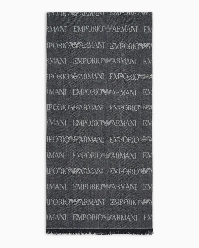 Emporio Armani Schal aus Schurwollgemisch mit Logo-Lettering in Jacquard und Fransen Blau