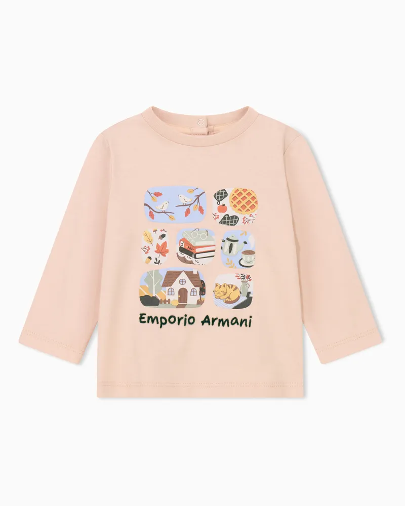 Emporio Armani T-Shirt aus Baumwolljersey mit Hausmotiv und Knöpfen hinten Pink