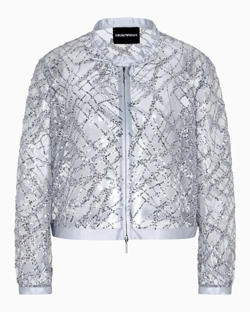 Emporio Armani Bolero mit Reißverschluss aus Tüll mit durchgehender Stickerei aus Mikropailletten und Schmucksteinen Grau