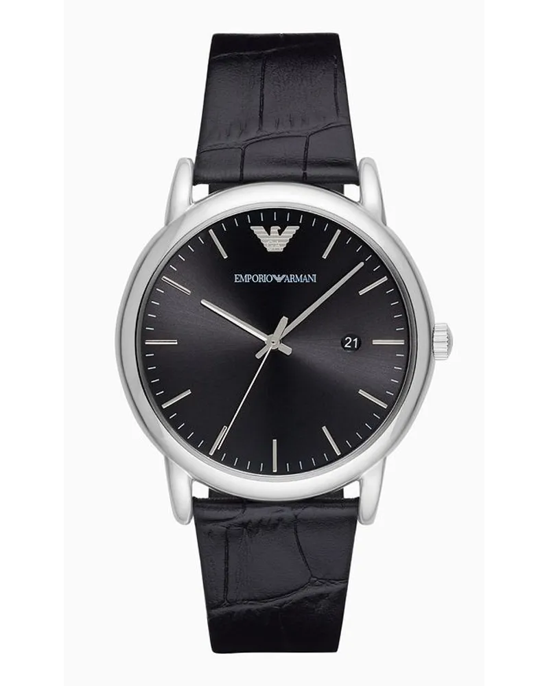 Emporio Armani Dreizeigeruhr mit Datumsanzeige und Schwarzem Lederarmband Schwarz