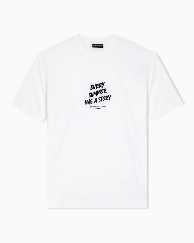 Emporio Armani ASV Jersey-T-Shirt aus einer Lyocell-Mischung mit „Summer Mood“-Schriftzug als Stickerei Weiß