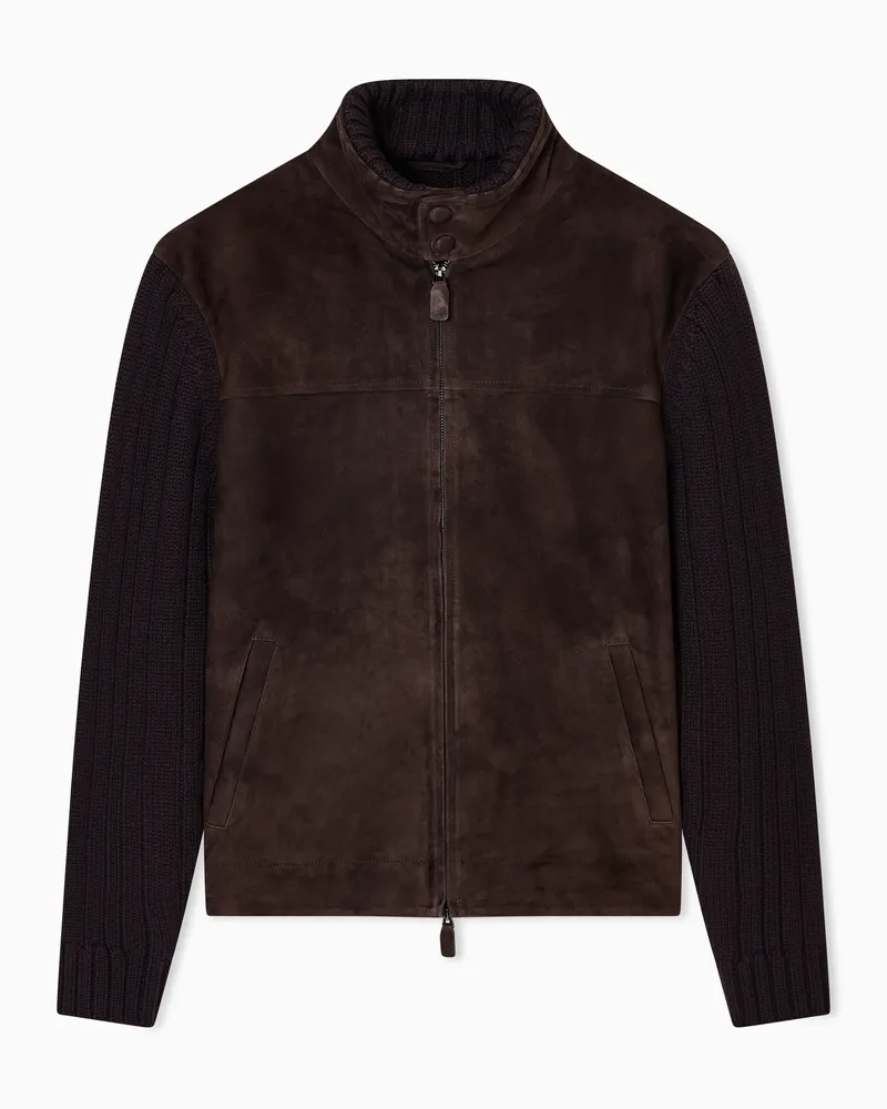 Emporio Armani Blouson aus einer Mischung aus Veloursleder und Woll-Strick Grau