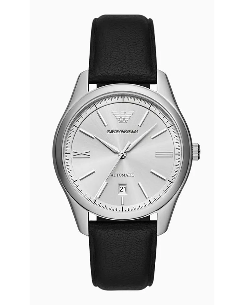 Emporio Armani Automatikuhr mit Drei Zeigern, Datumsanzeige und Schwarzem Lederarmband Schwarz