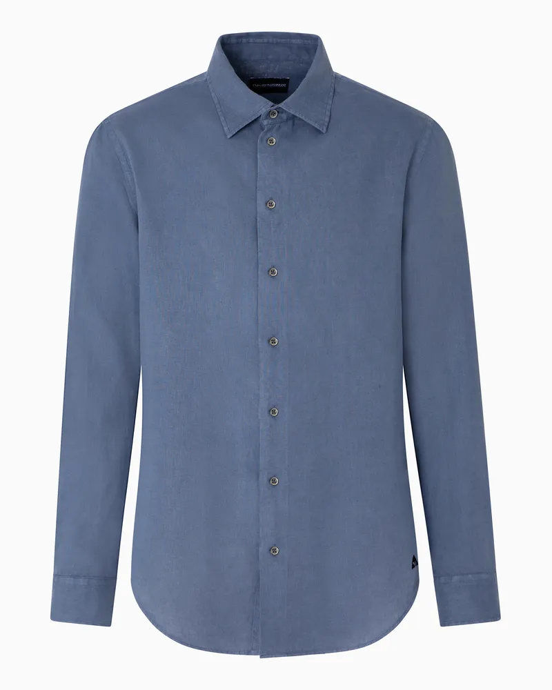 Emporio Armani Hemd mit französischem Kragen aus stückgefärbtem Leinen Hellblau