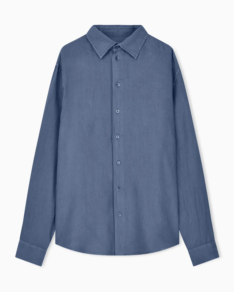 Emporio Armani Hemd mit französischem Kragen aus stückgefärbtem Leinen Hellblau