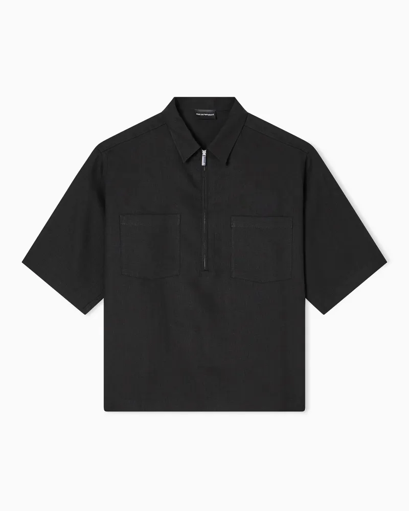 Emporio Armani Hemd mit Teilreißverschluss, gefertigt aus reinem Leinen Schwarz