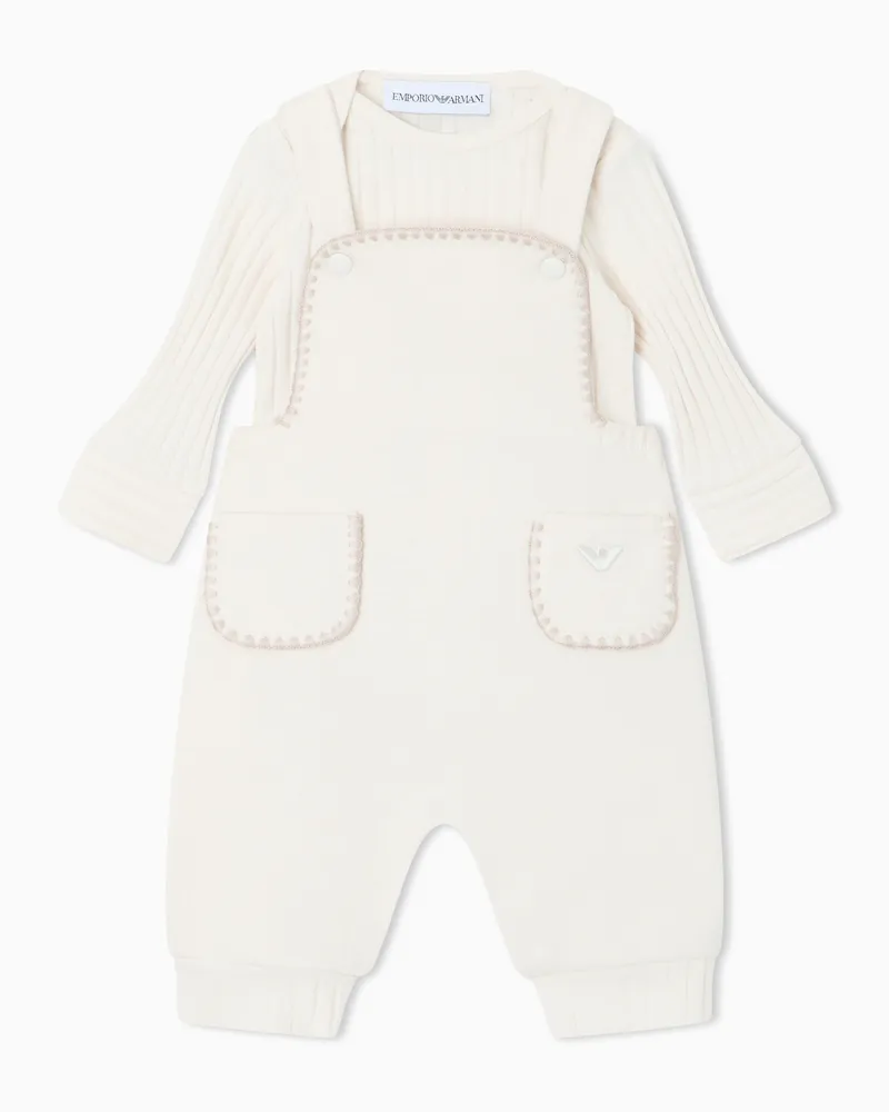 Emporio Armani Babyset aus Baumwolljersey mit Latzhose und geripptem Body Beige