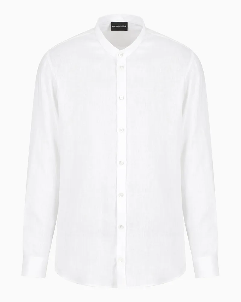 Emporio Armani Hemd mit Gurukragen aus Leinenchambray Weiß
