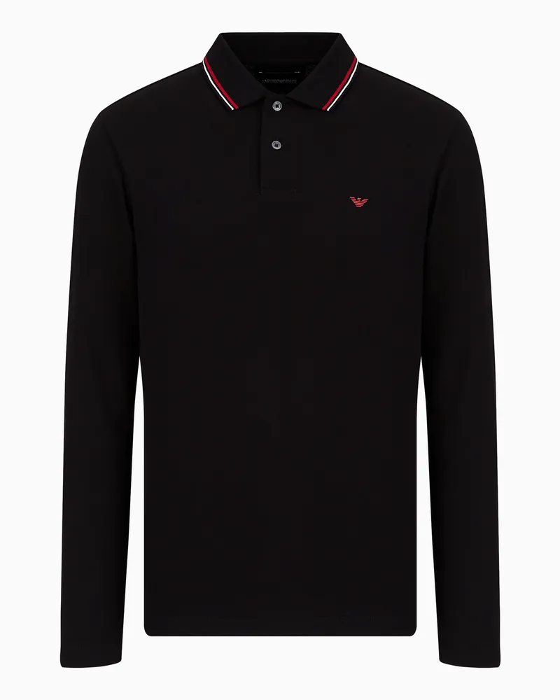 Emporio Armani Poloshirt mit langen Ärmeln aus Pikee-Stretch und aufgesticktem Mikro-Adler Schwarz
