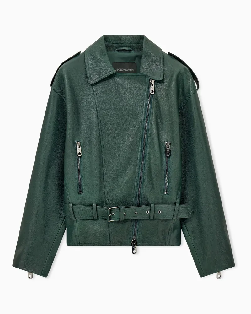 Emporio Armani Regular Fit Biker-Lederjacke mit Gürtel und Reverskragen Braun
