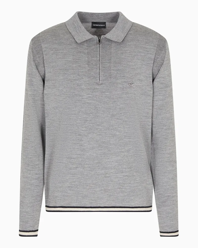 Emporio Armani Pullover mit Polokragen und Reißverschluss, gefertigt aus reiner Schurwolle Grau