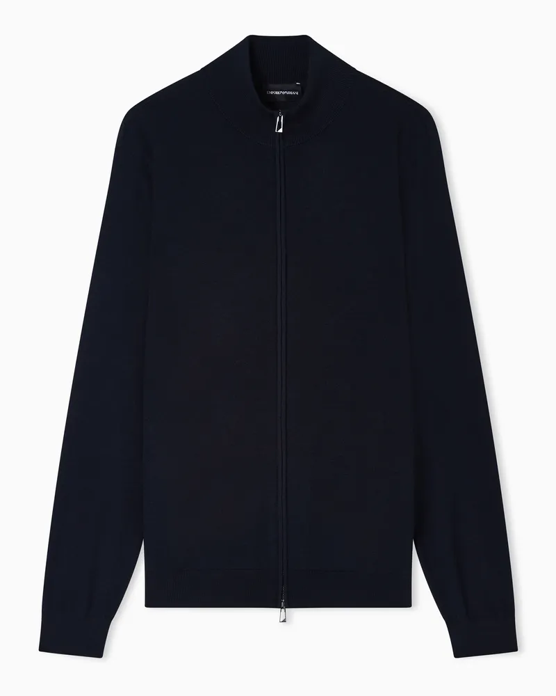 Emporio Armani Cardigan mit durchgehendem Reißverschluss aus Schurwolle mit Glattstrick-Verarbeitung Marineblau