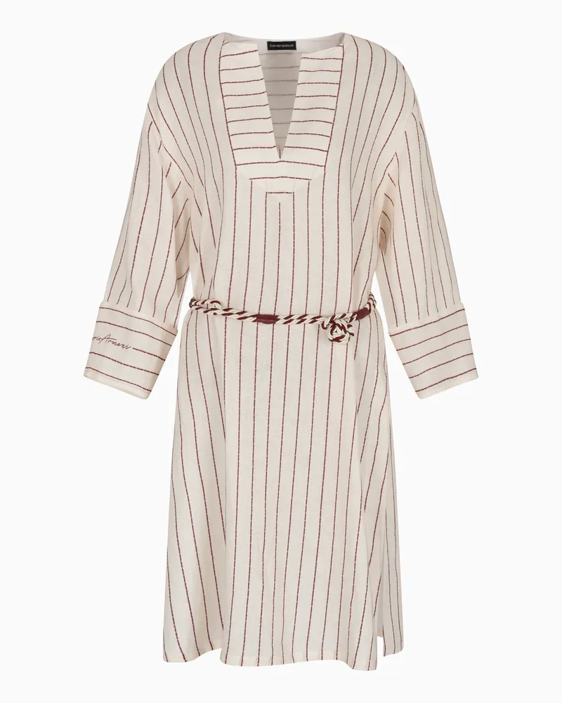 Emporio Armani Leinenkleid mit Nadelstreifen-Print und Gürtel aus der Resort-Sonderkollektion Weiß
