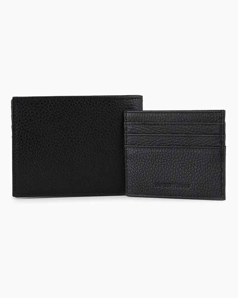 Emporio Armani Geschenkset aus Portemonnaie und Kartenetui aus getrommeltem Leder Schwarz