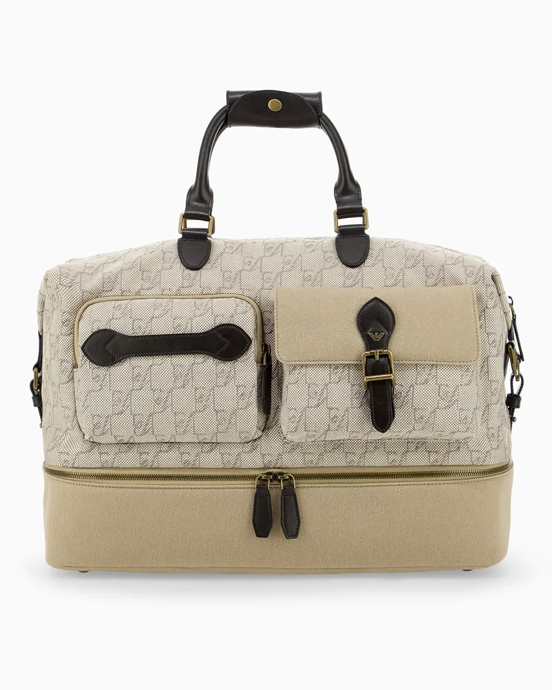 Emporio Armani Reisetasche aus Canvas mit Monogramm und Lederhenkeln Beige