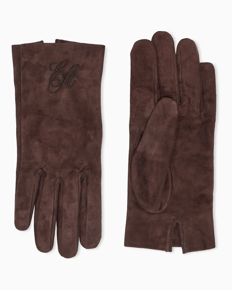 Emporio Armani Handschuhe aus Wildleder mit Stickerei und Seidenfutter Braun