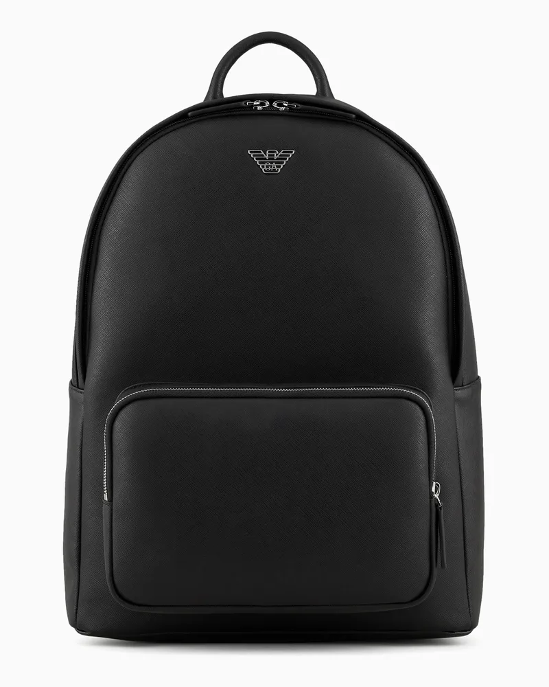 Emporio Armani Runder ASV Rucksack aus neu aufbereitetem Saffiano-Leder mit Adler-Plakette Schwarz