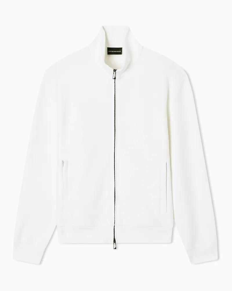 Emporio Armani Sweatshirt mit durchgehendem Reißverschluss aus Interlock-Jersey aus einer Lyocell-Mischung mit Jacquard-Schriftzug Weiß