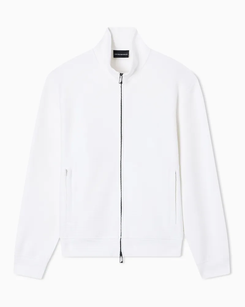 Emporio Armani Sweatshirt mit durchgehendem Reißverschluss aus Interlock-Jersey aus einer Lyocell-Mischung mit Jacquard-Schriftzug Weiß