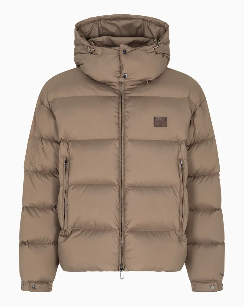Emporio Armani Daunenjacke mit gesteppter Kapuze aus wasserabweisenden Ripstop-Nylon Beige