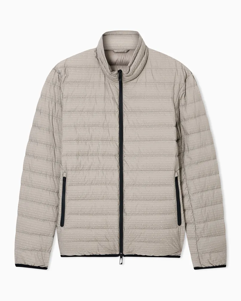 Emporio Armani Water repellent down jacket in quilted nylon with jacquard lettering logo Grau